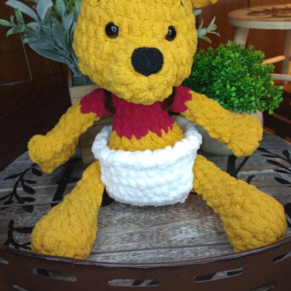 Baby Pooh! Bear Crochet Plushie w/Honey Pot Back Pack & Diaper-  Handmade by ME! - Picture 3 of 5